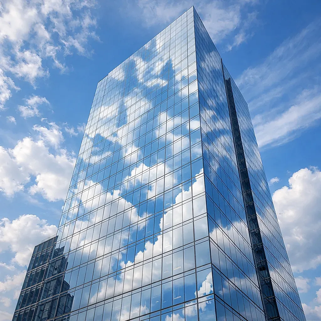 Modern commercial glass tower reflecting sky
