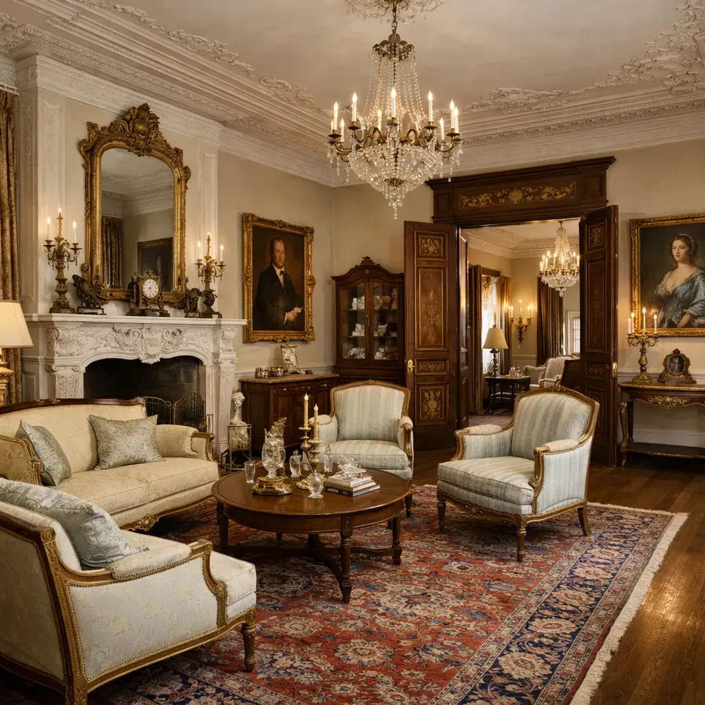 Restored living room of a historic manor