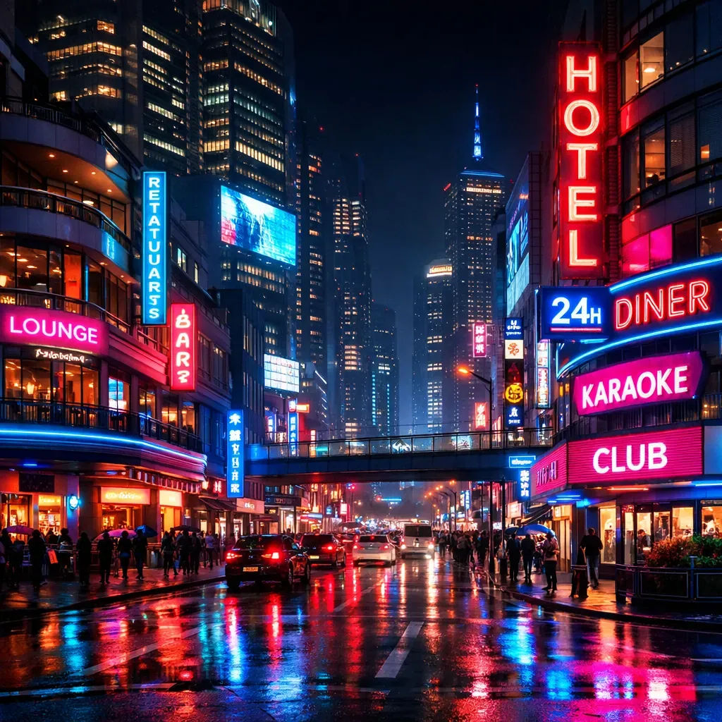 Neon lit modern city district at night