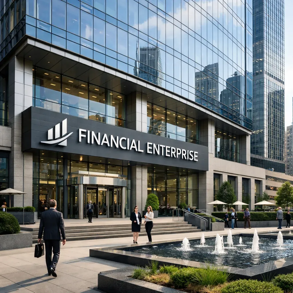 Modern corporate office exterior representing a financial enterprise