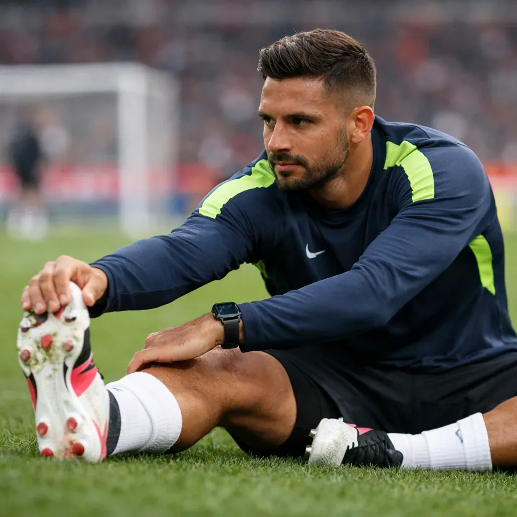 Professional soccer player stretching