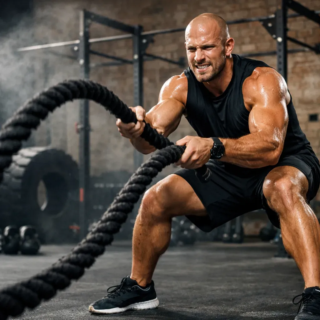 Athlete performing intensive battle rope workout