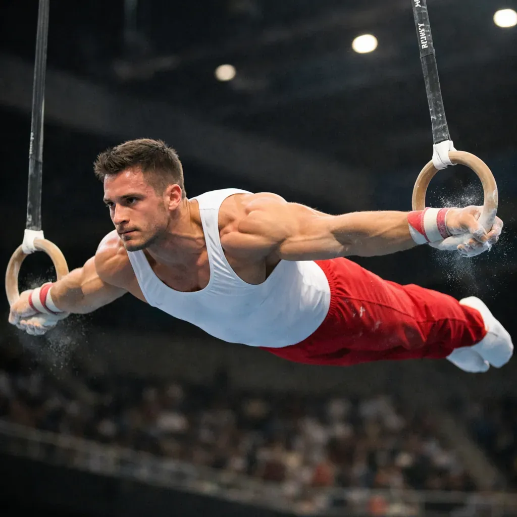 Gymnast performing on rings