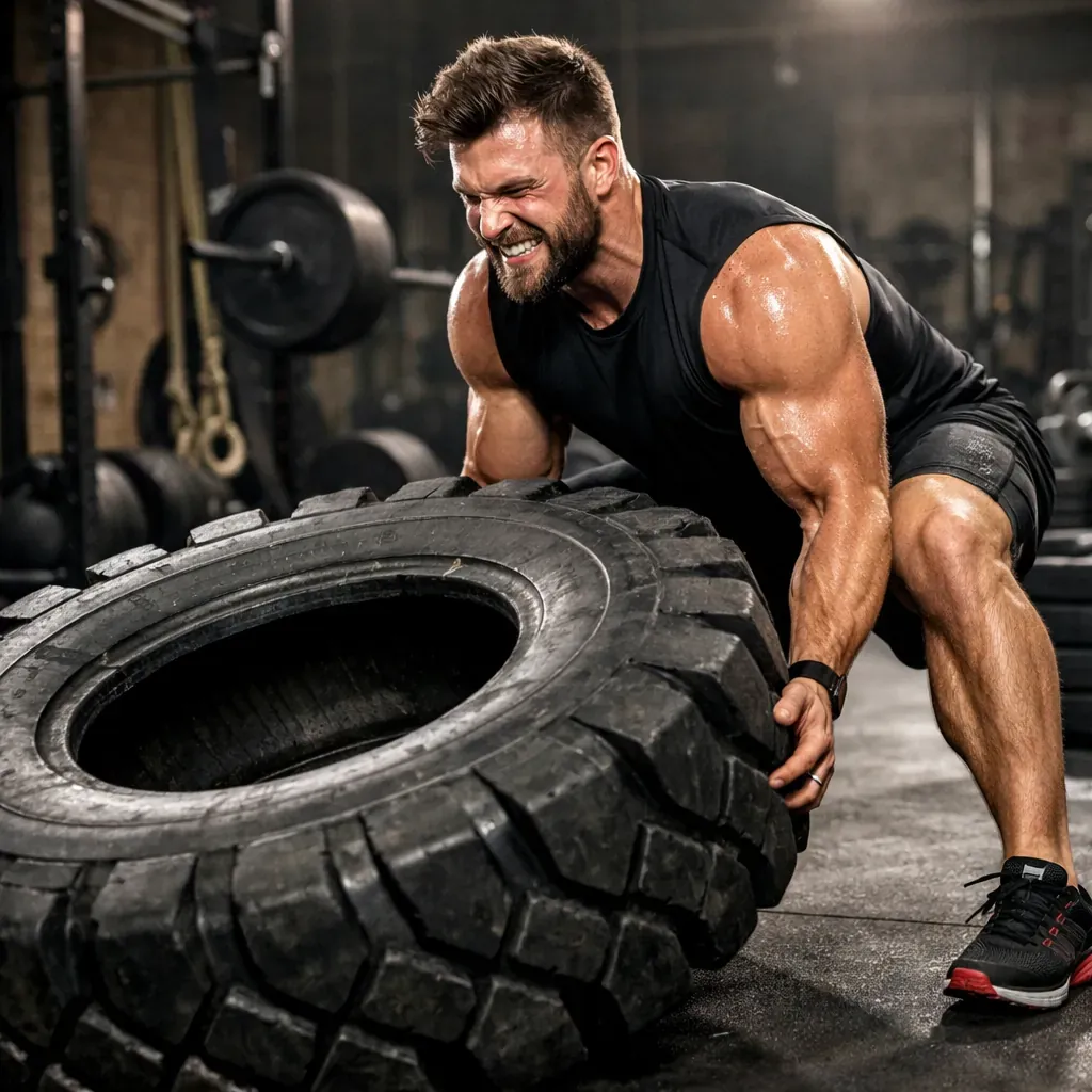 Athlete training with heavy equipment in gym