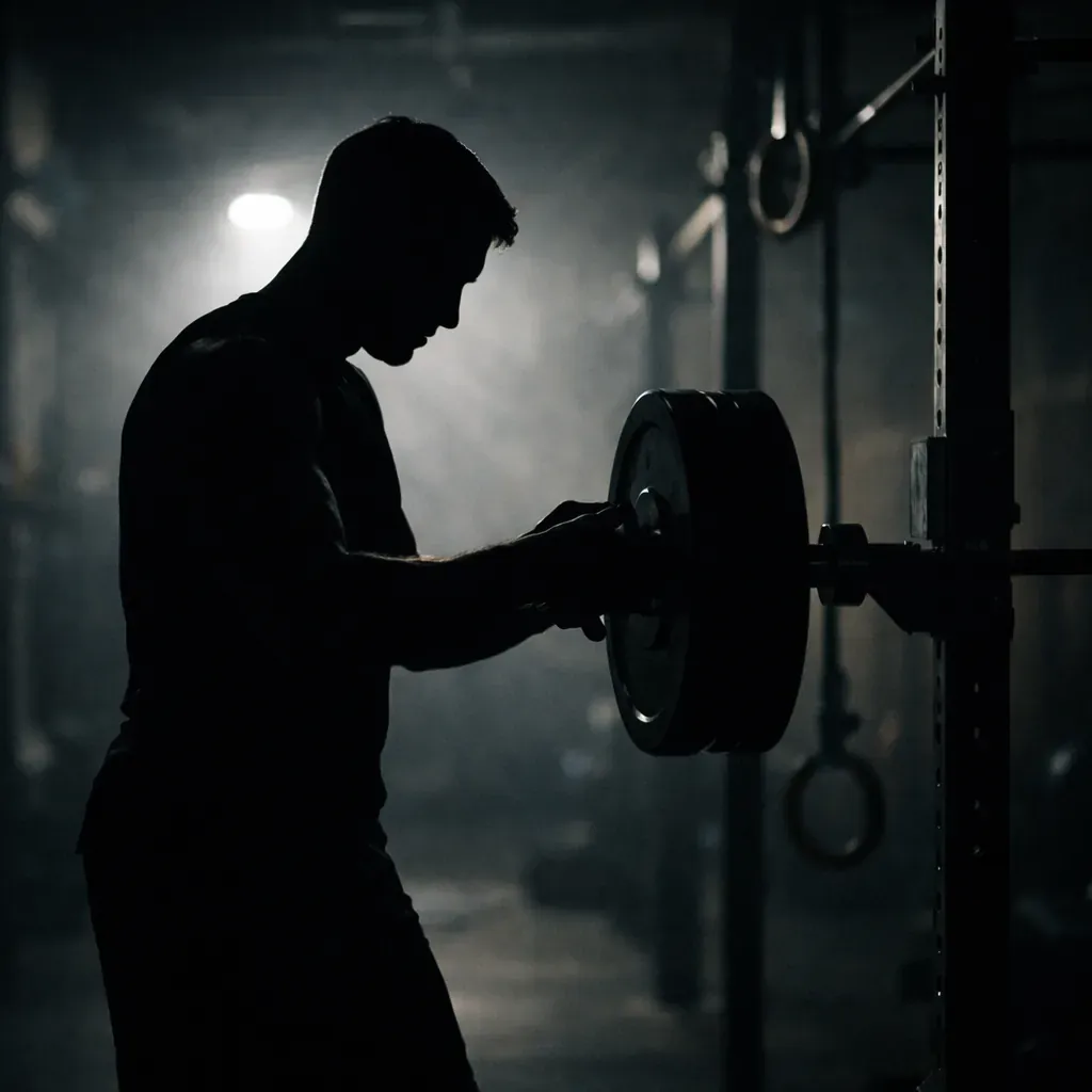 Silhouette of athlete adjusting equipment in dark gym