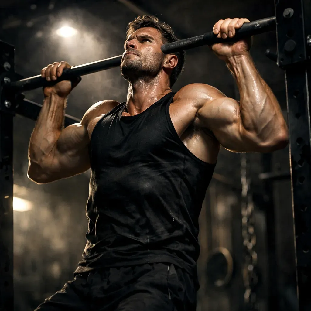 Person doing pull ups in dramatic lighting