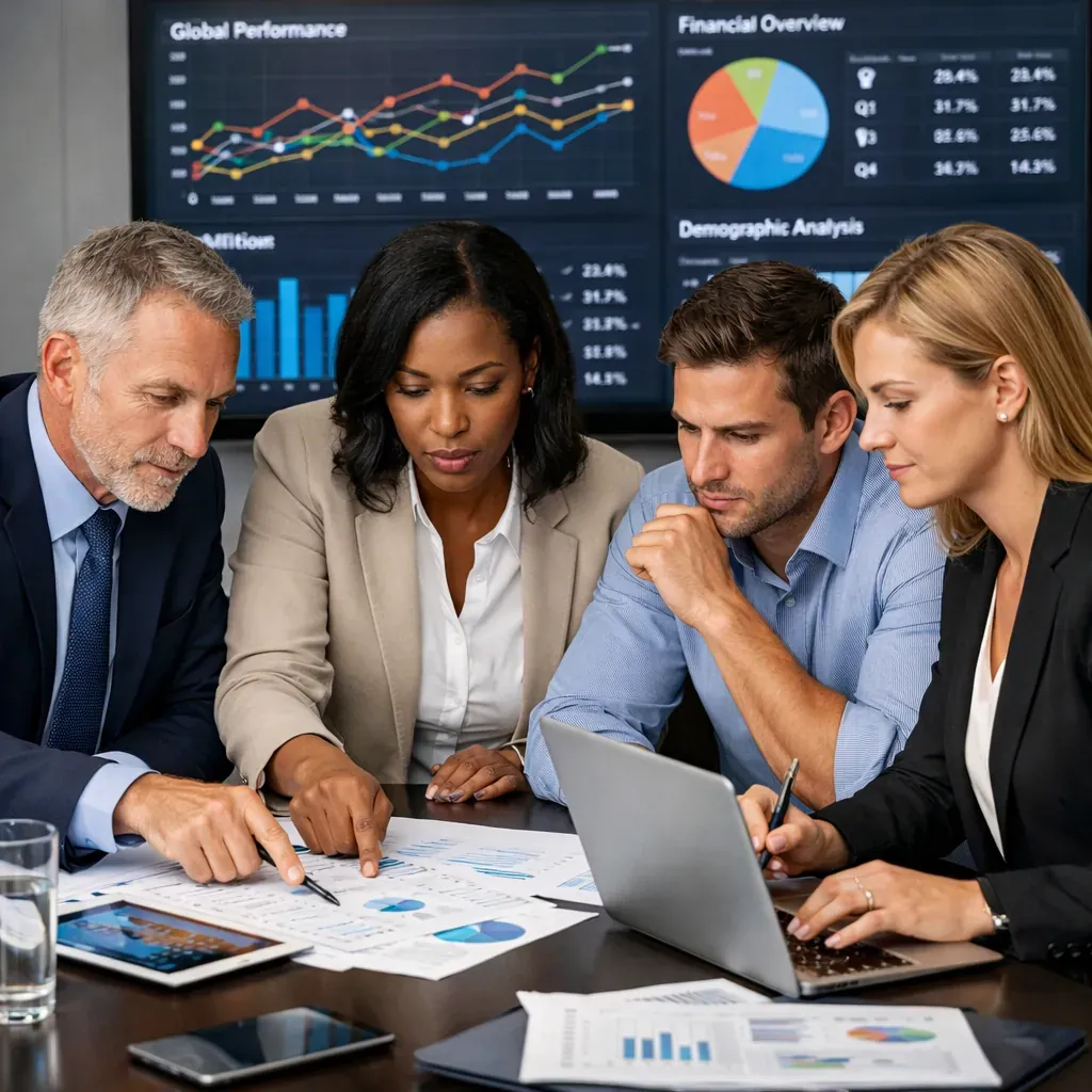 Corporate team analyzing institutional data