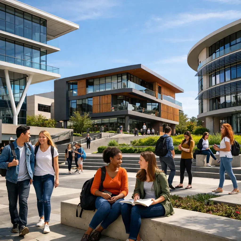 Modern university campus architecture with students
