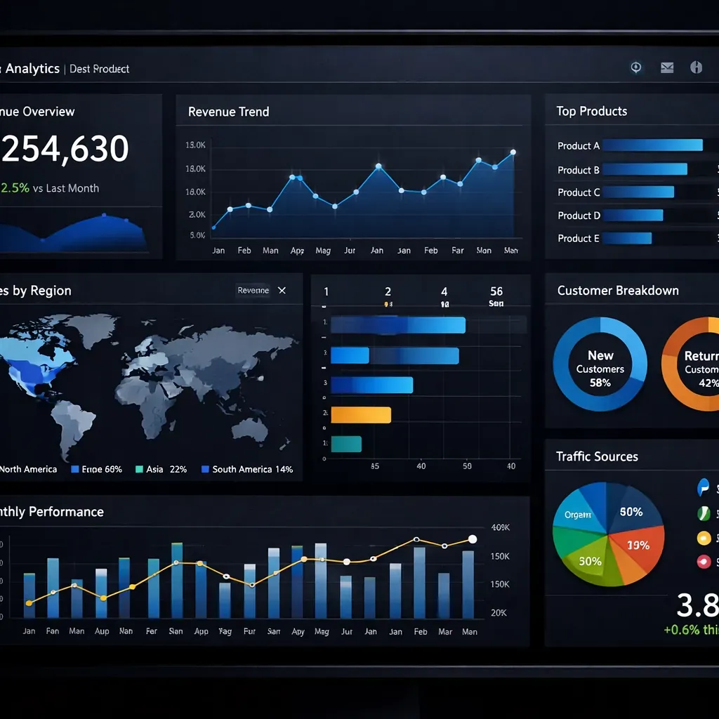 Data dashboard visualization on a dark screen
