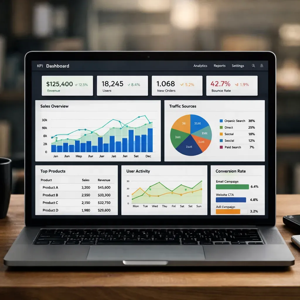 Data dashboard interface on laptop screen