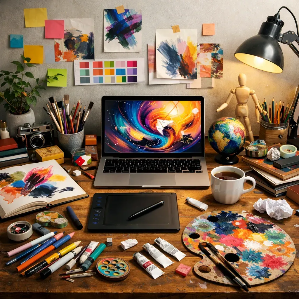 Creative abstract workspace setup