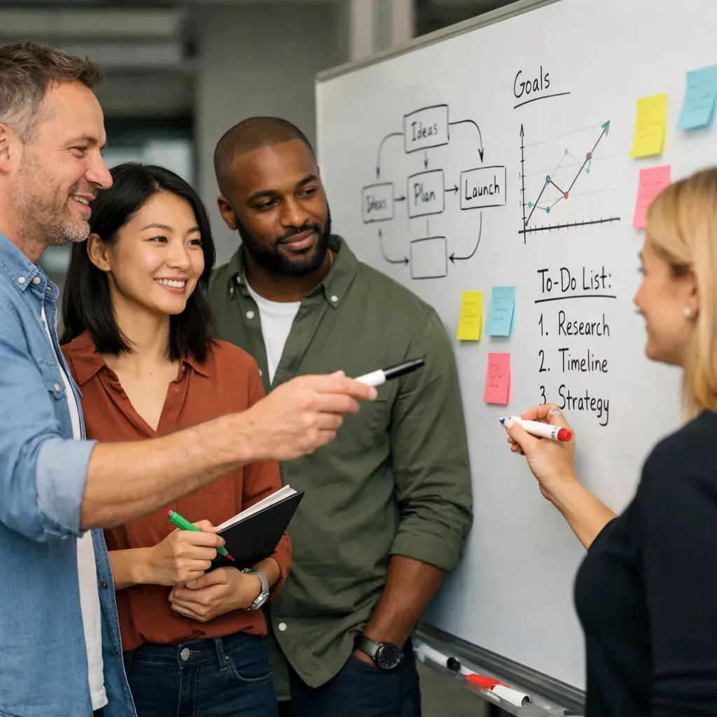 Group collaborating at a whiteboard