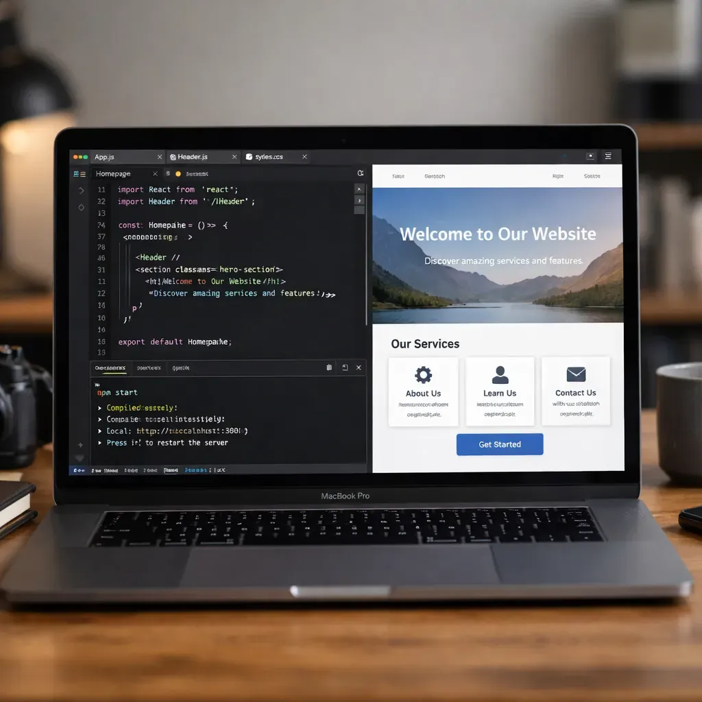 Laptop showing code editor and design mockup