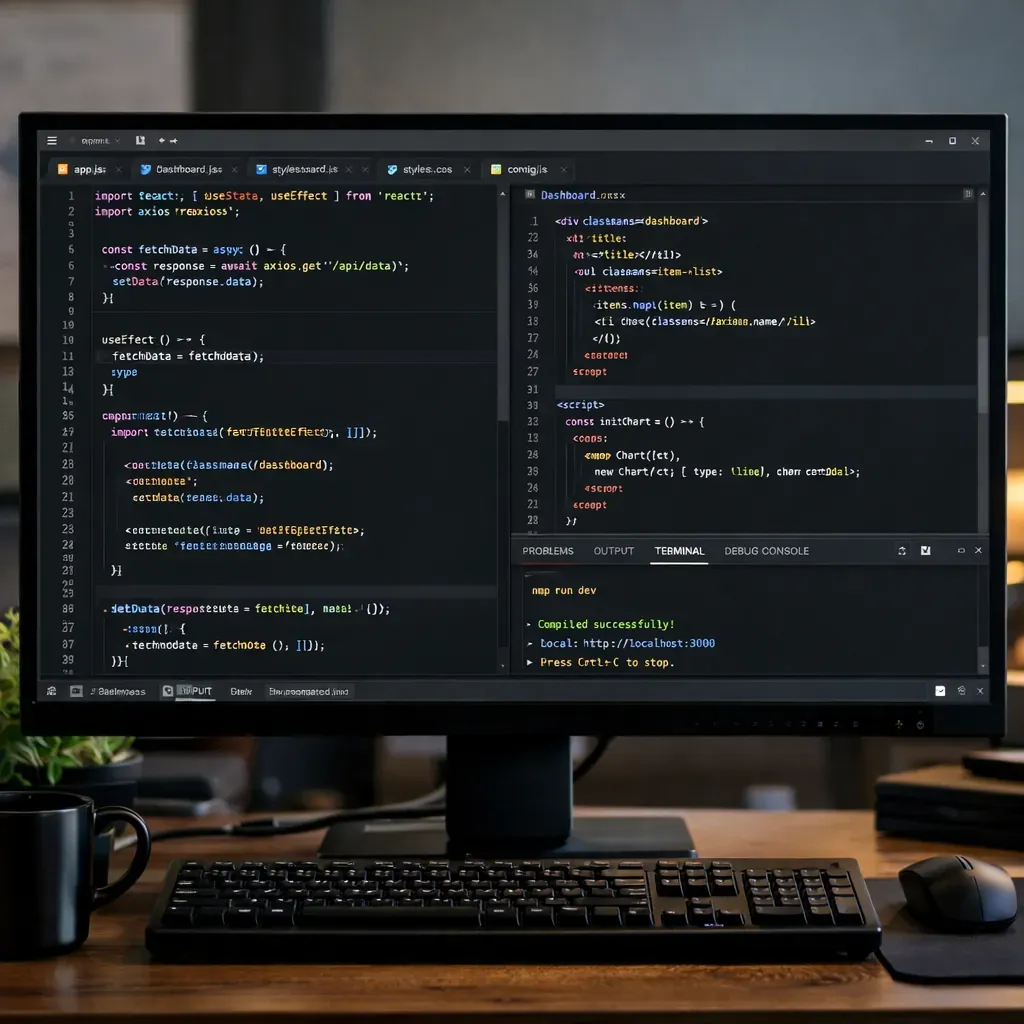 Laptop on desk displaying code