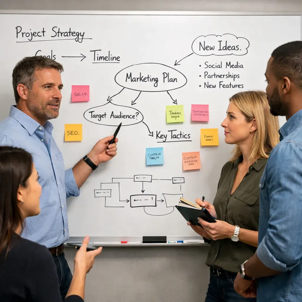 Team brainstorming at whiteboard