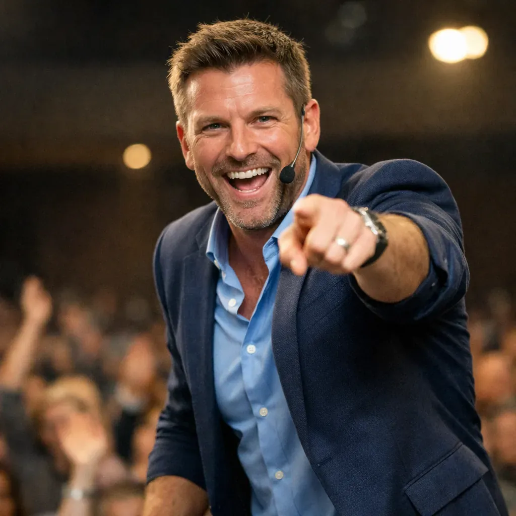 Energetic speaker pointing at audience