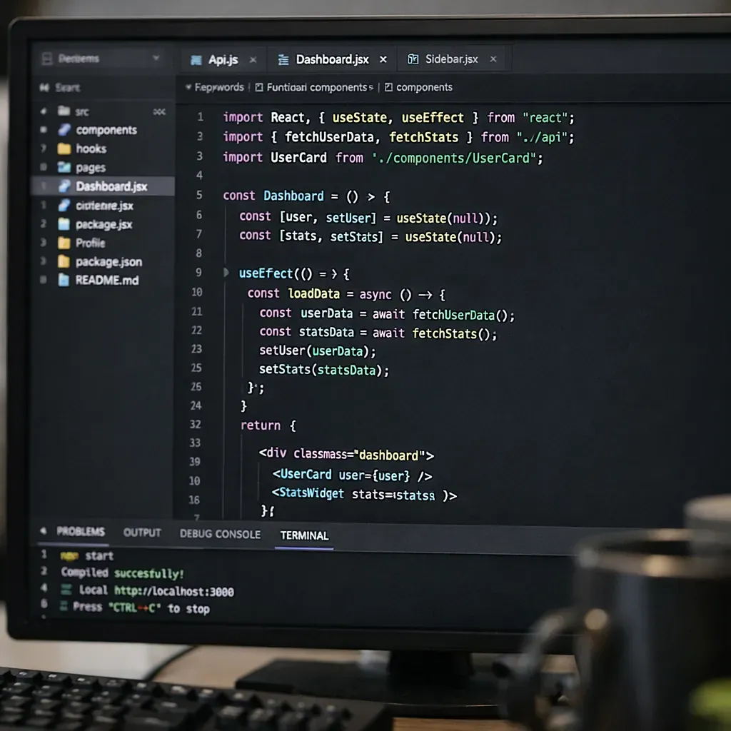 Developer working on laptop late at night