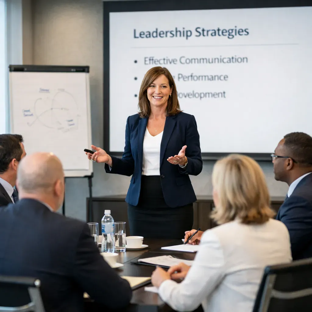Professional corporate trainer addressing an executive team