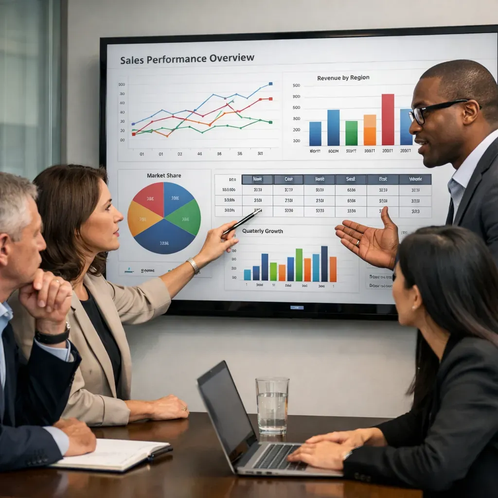 Executive team analyzing data on a screen