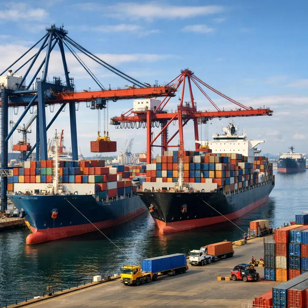 Modern commercial port with container ships and cranes showcasing global logistics operations