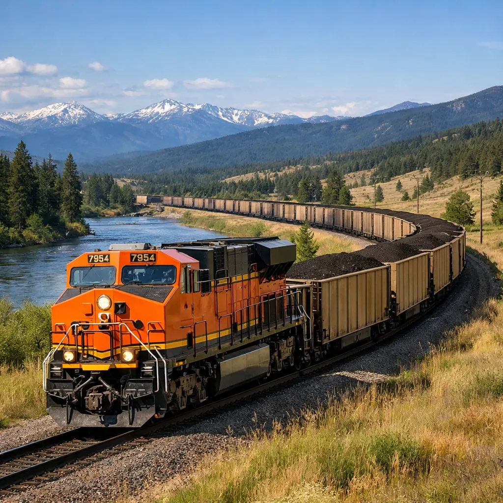 Freight train carrying bulk goods through a landscape