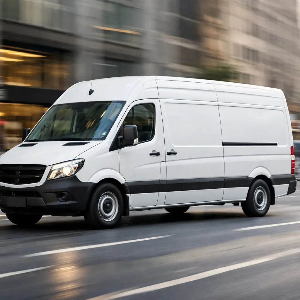 White delivery van speeding on a city street