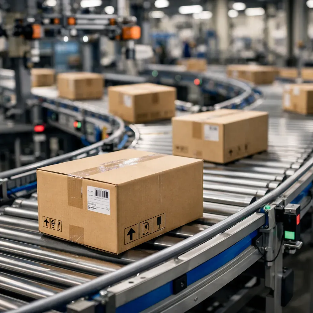 Modern automated warehouse with robotic arms and conveyors