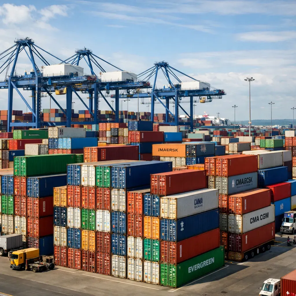 Global shipping containers stacked at a massive port terminal