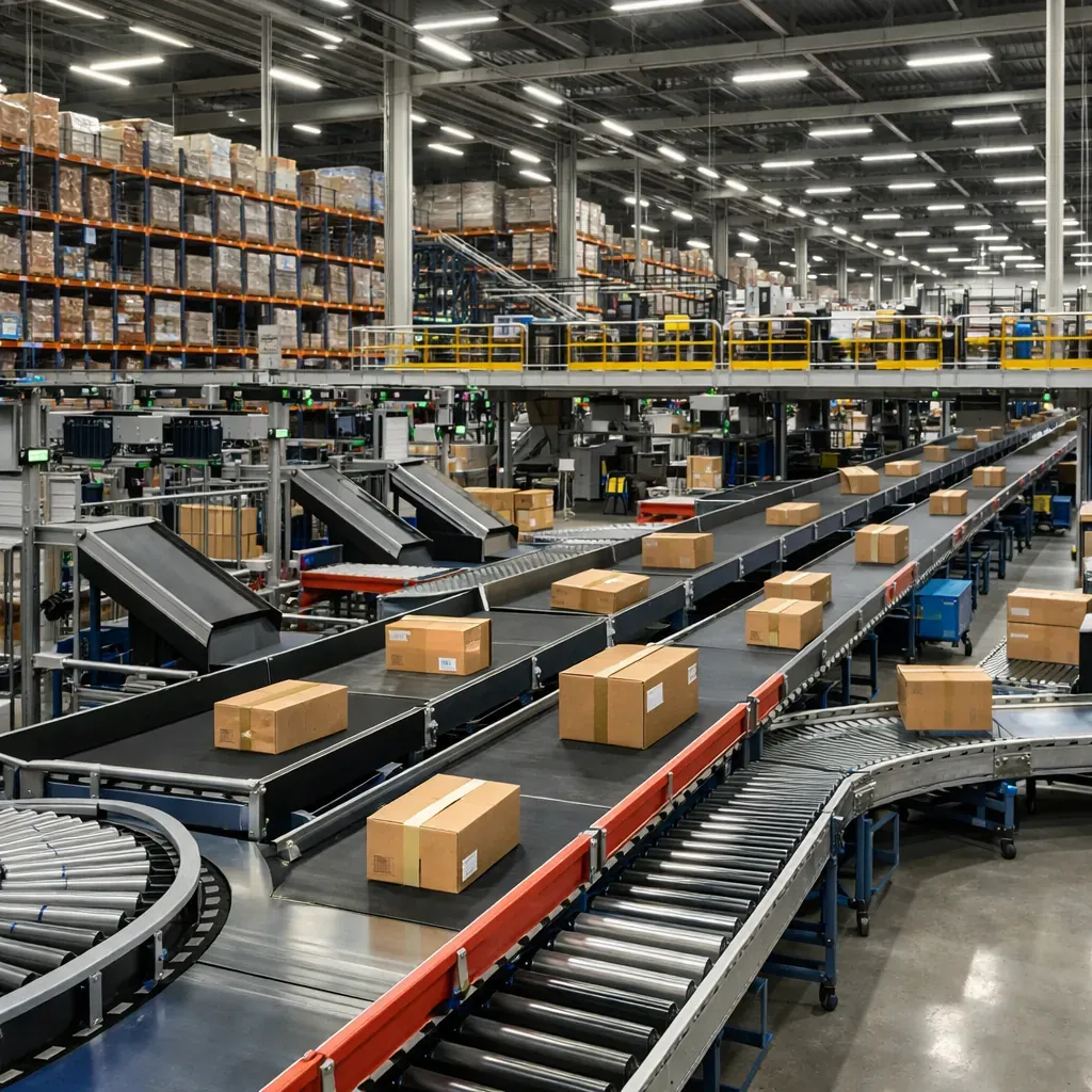 Automated warehouse interior with sorting belts