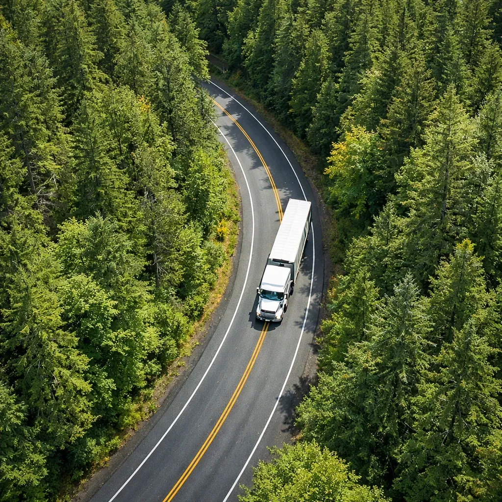 Forested road viewed from above with a truck driving