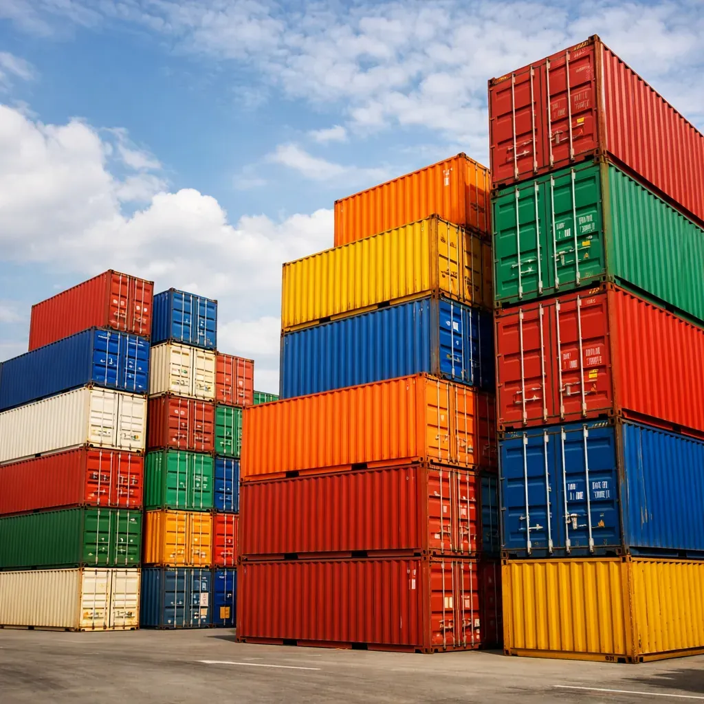 Colorful shipping containers stacked high at a port terminal