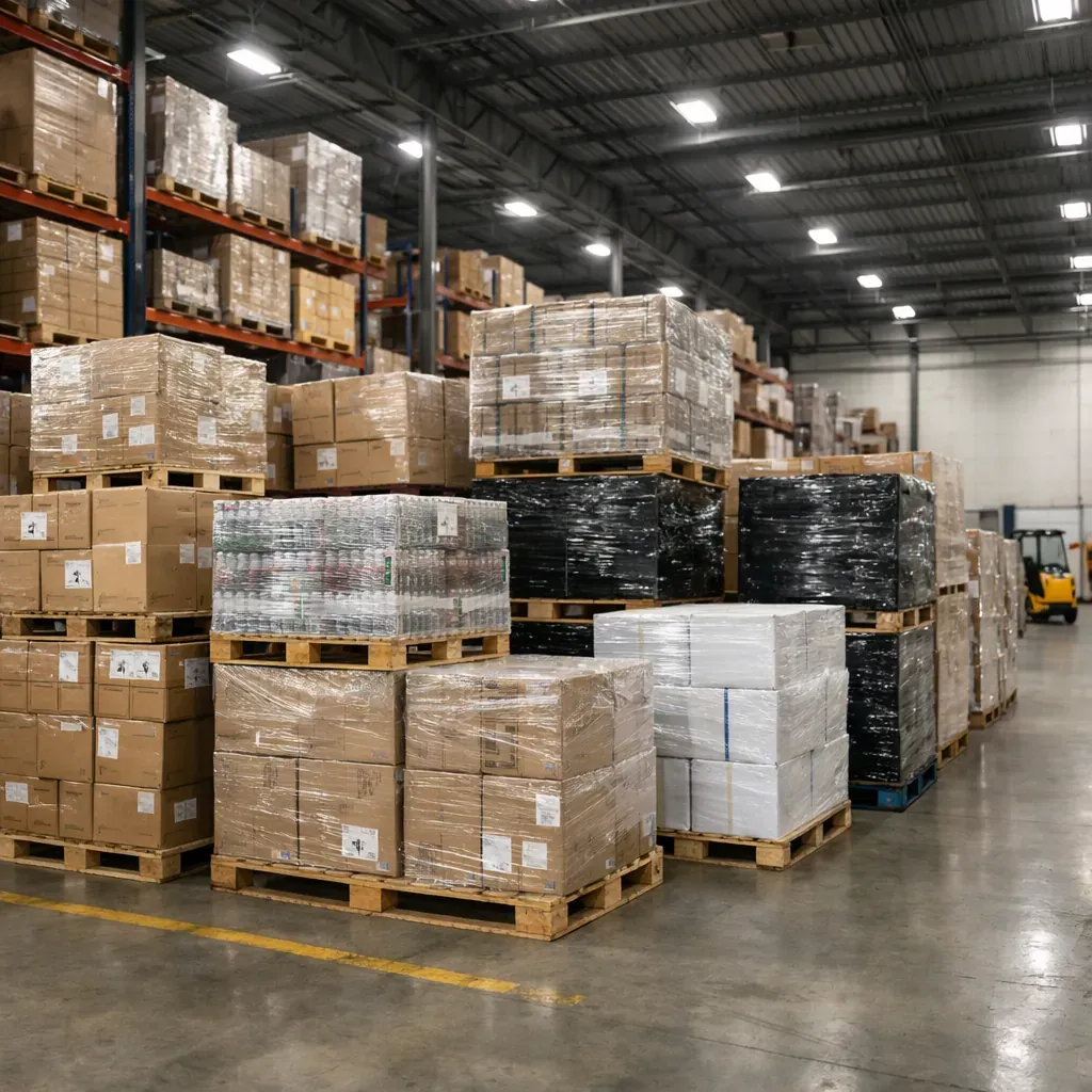 Generic logistics warehouse scene showing stacked pallets