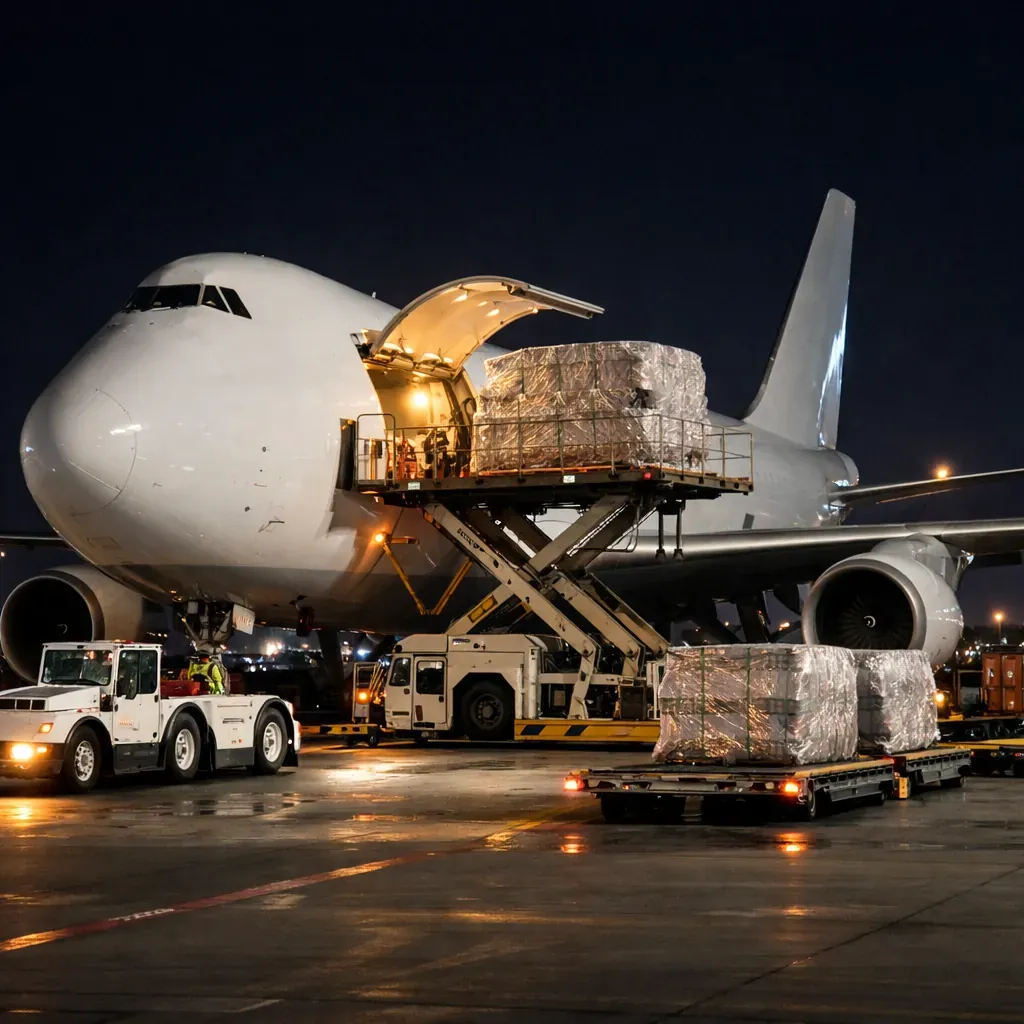 Cargo airplane loading on tarmac at night