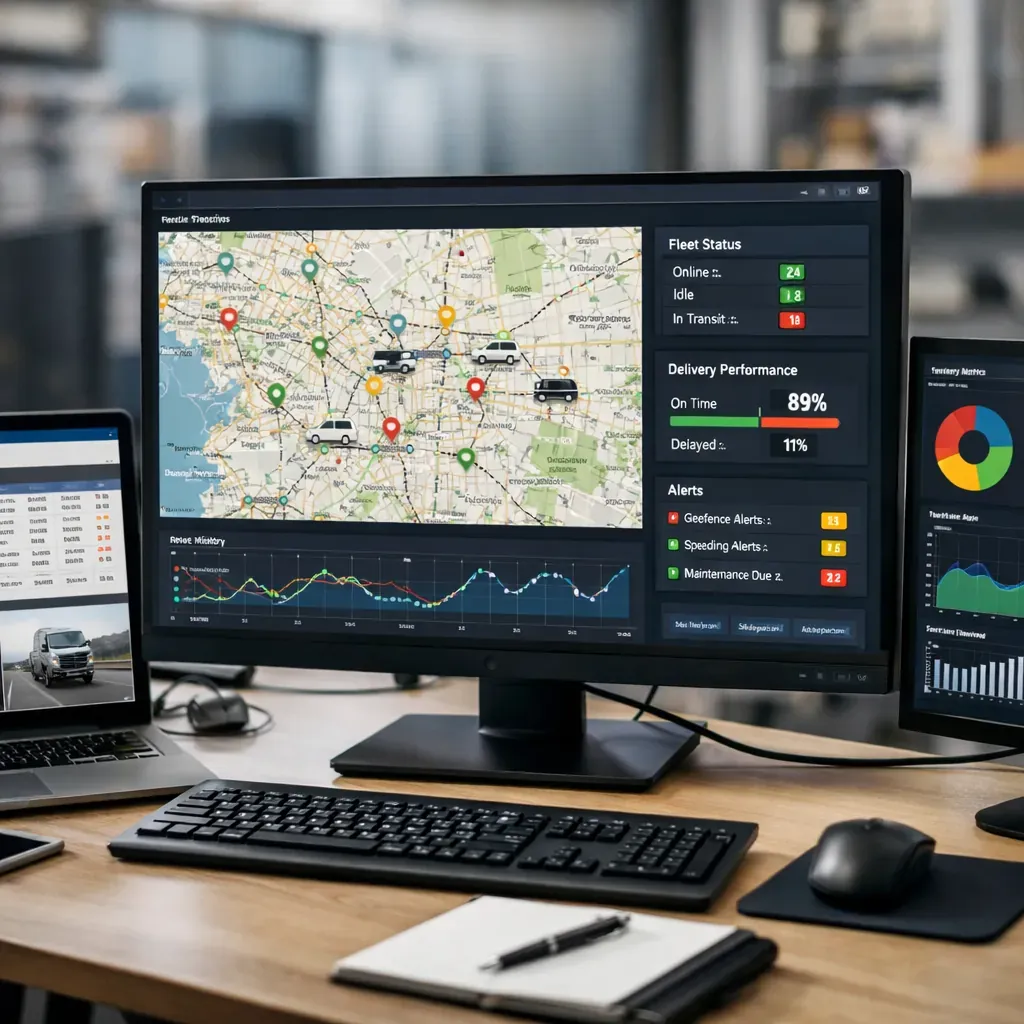 Computer screens showing tracking data