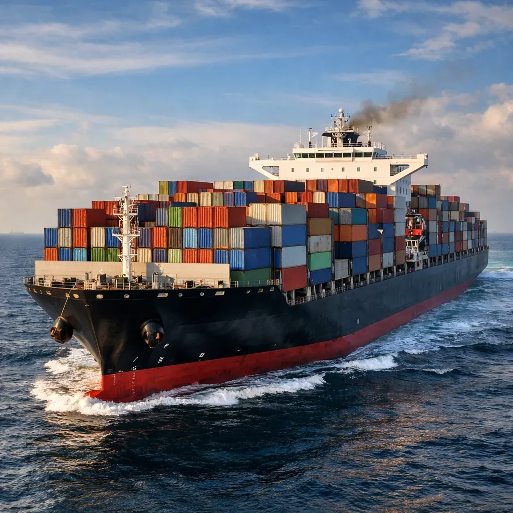 Cargo ship loaded with containers at sea