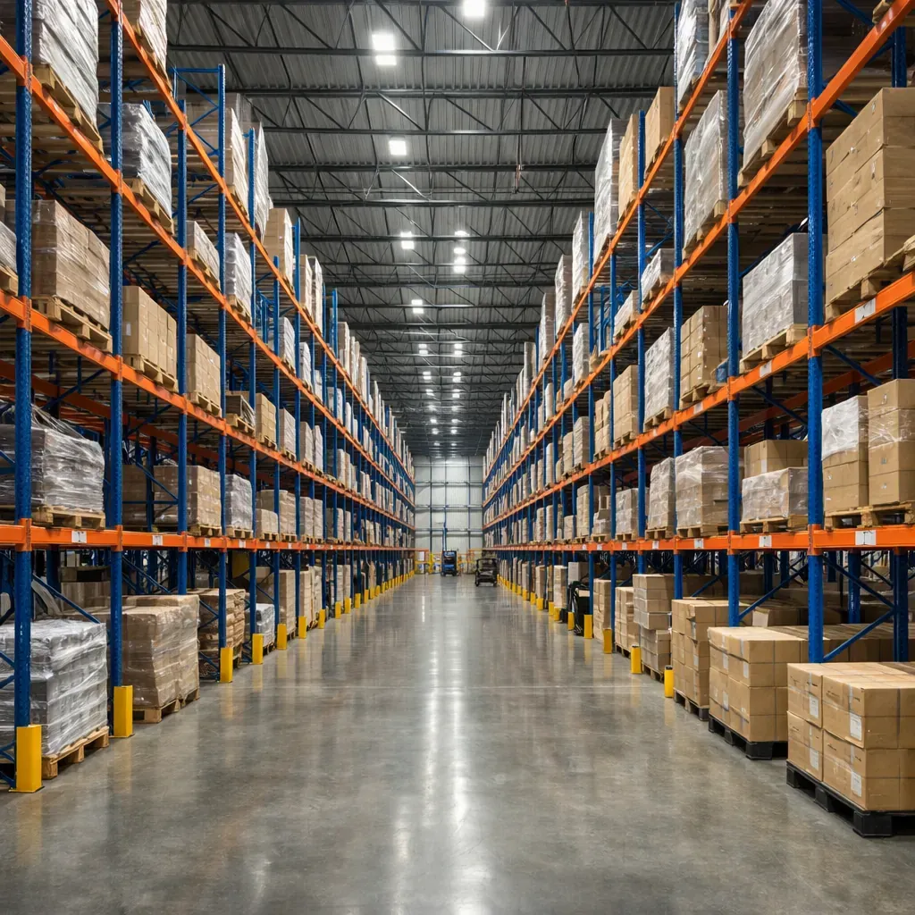 Massive warehouse interior with high racking