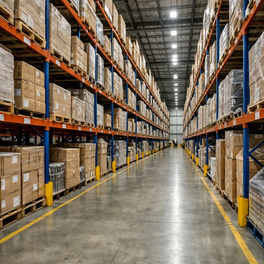 High shelves in massive warehouse facility