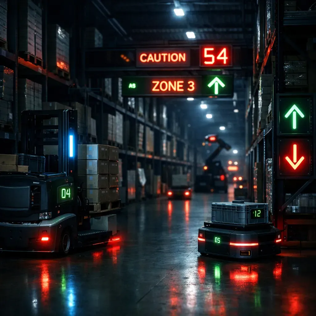 Dark automated warehouse facility with neon indicators
