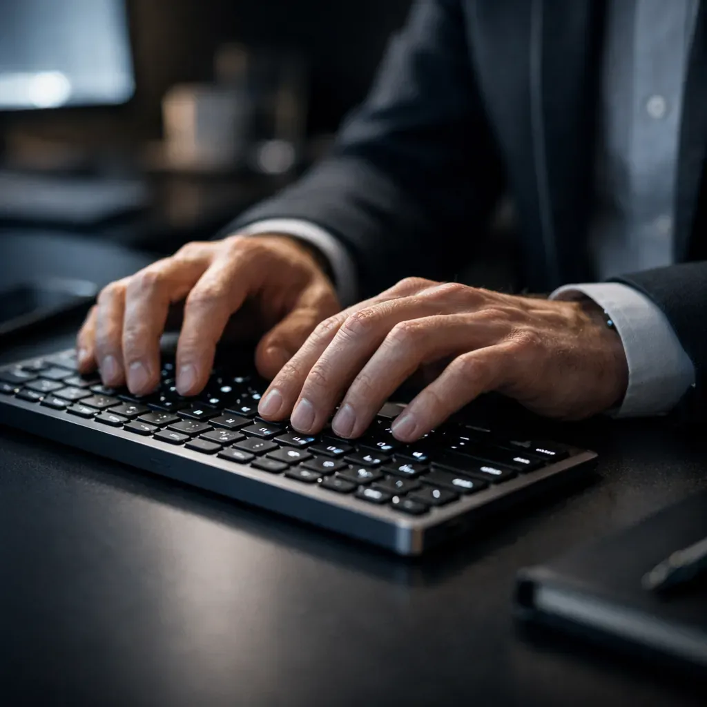 Professional typing on a modern keyboard in a dark environment