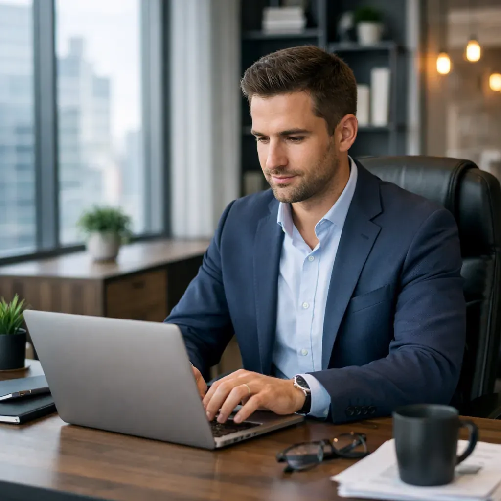 Professional typing on laptop in modern office setup
