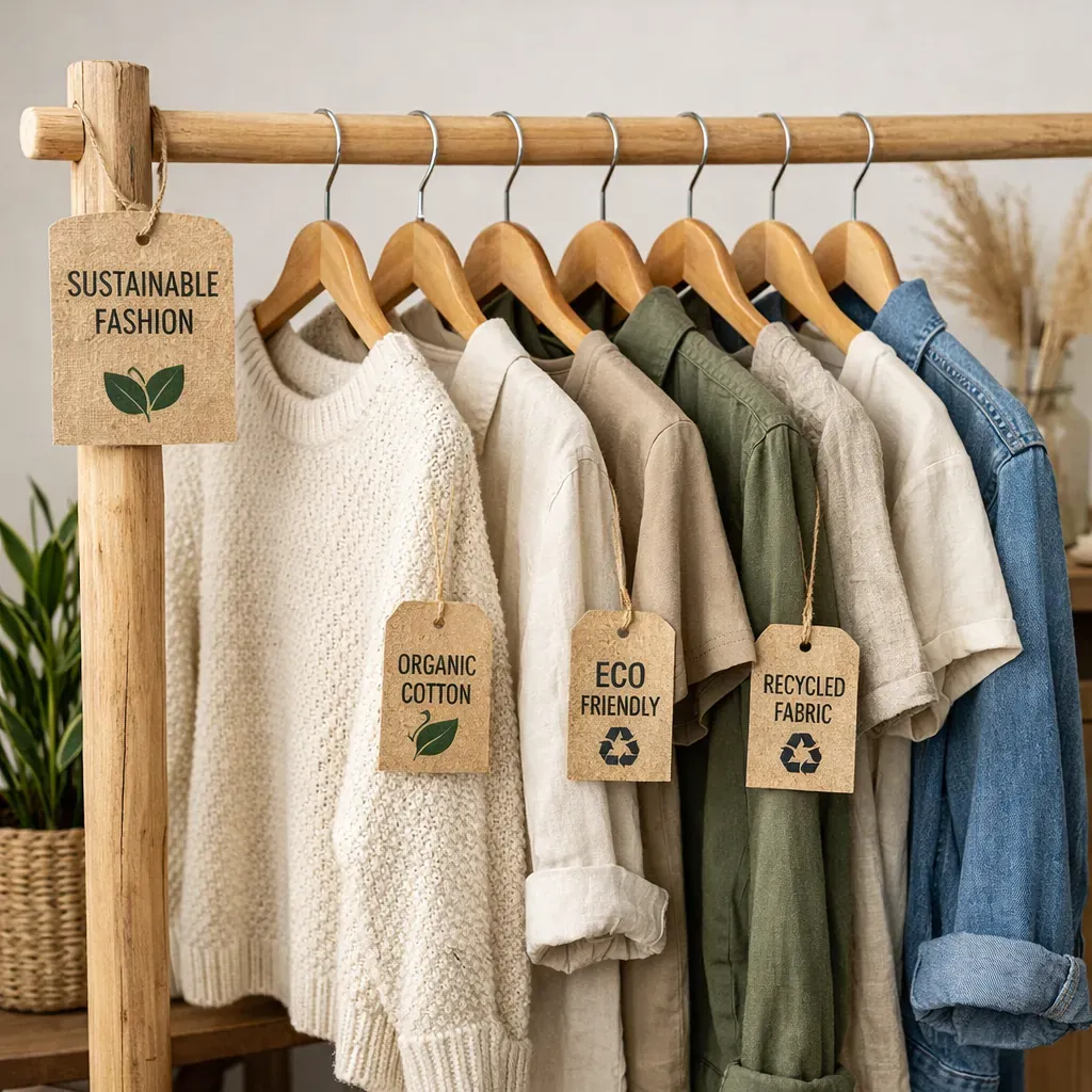 Sustainable clothing hanging on rack
