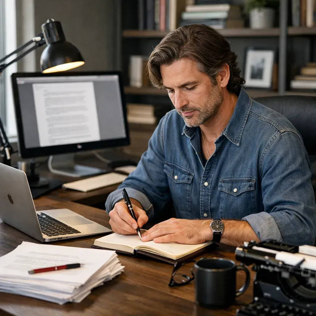 Professional Writer working at a modern desk setup