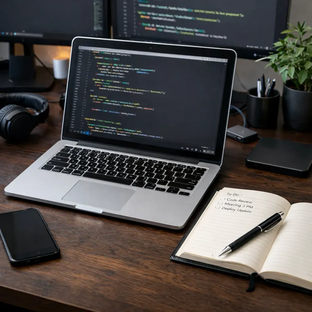 Tech workspace with laptop and notebook