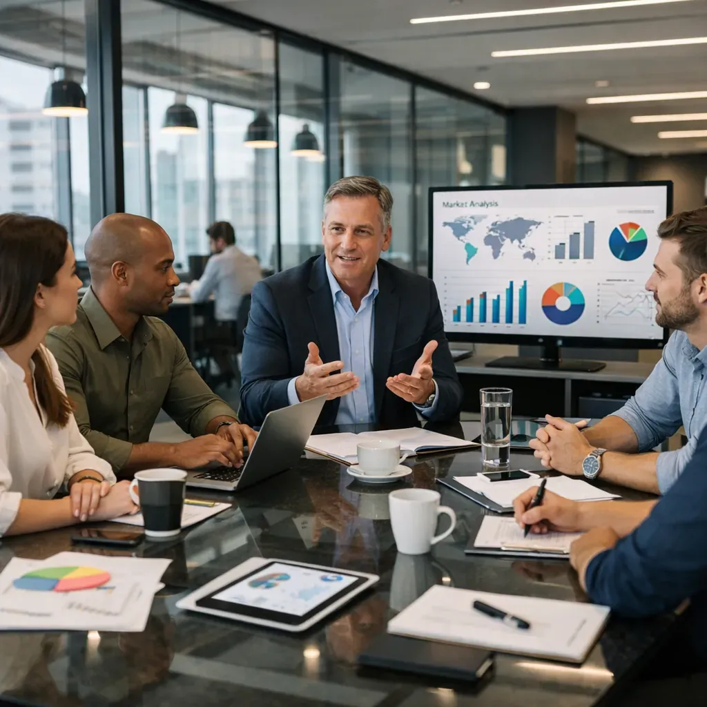 Bureaux modernes et équipe en réunion stratégique