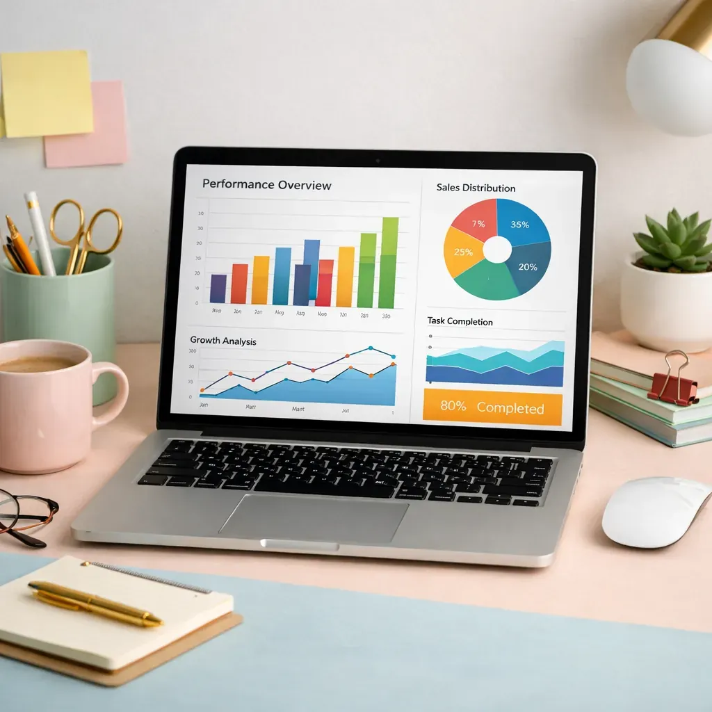 Ordinateur portable avec des graphiques de productivité sur un bureau pastel