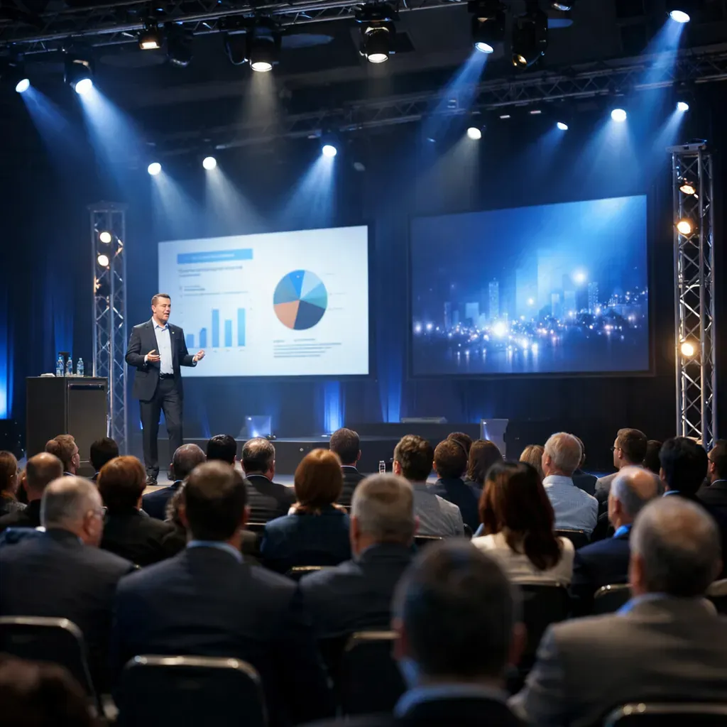 Salle de conférence moderne prête pour un grand événement corporatif
