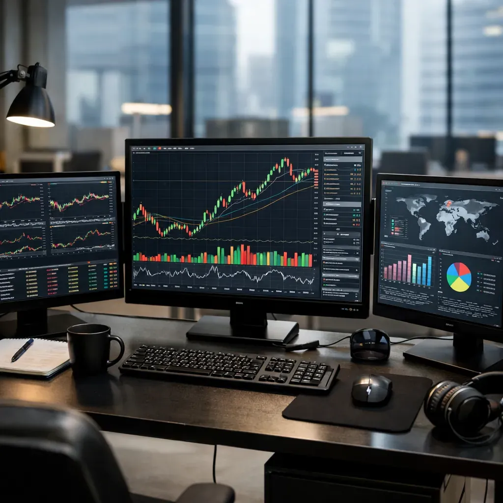 Bureau informatique avec écrans montrant des graphiques
