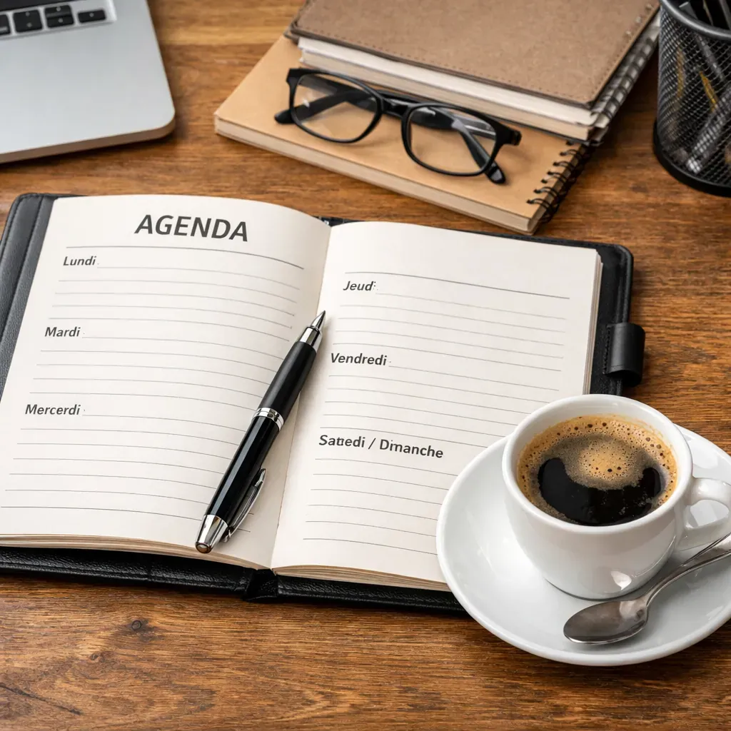Agenda et café sur un bureau en bois