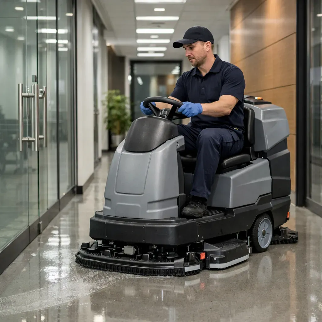 Agent de propreté professionnel utilisant une autolaveuse dans un couloir d'entreprise moderne