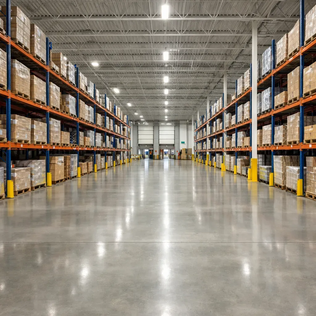 Vaste entrepôt logistique avec sols dégagés et propres